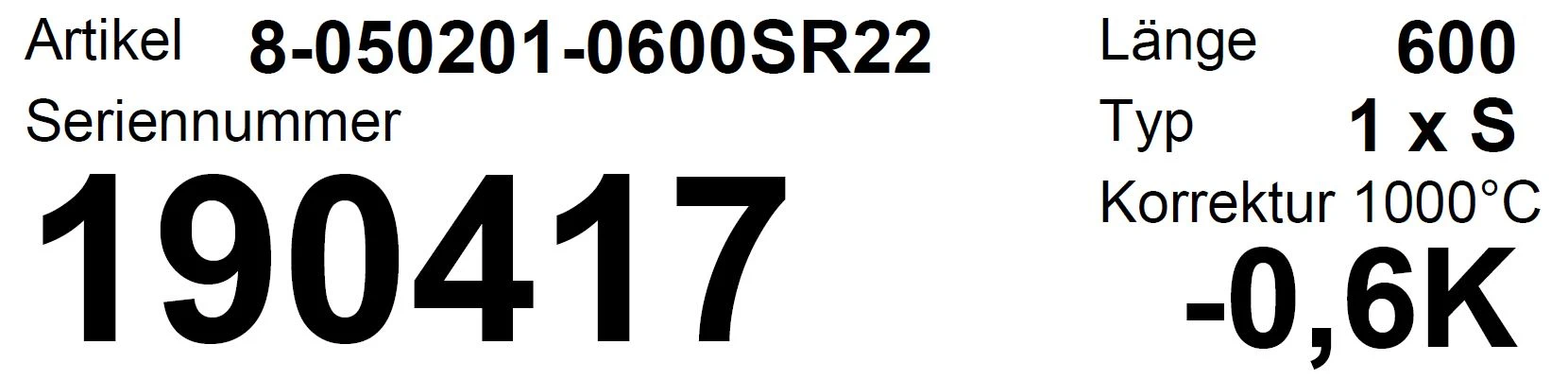 The product label includes important specifications such as nominal length, type, and number of thermocouple pairs