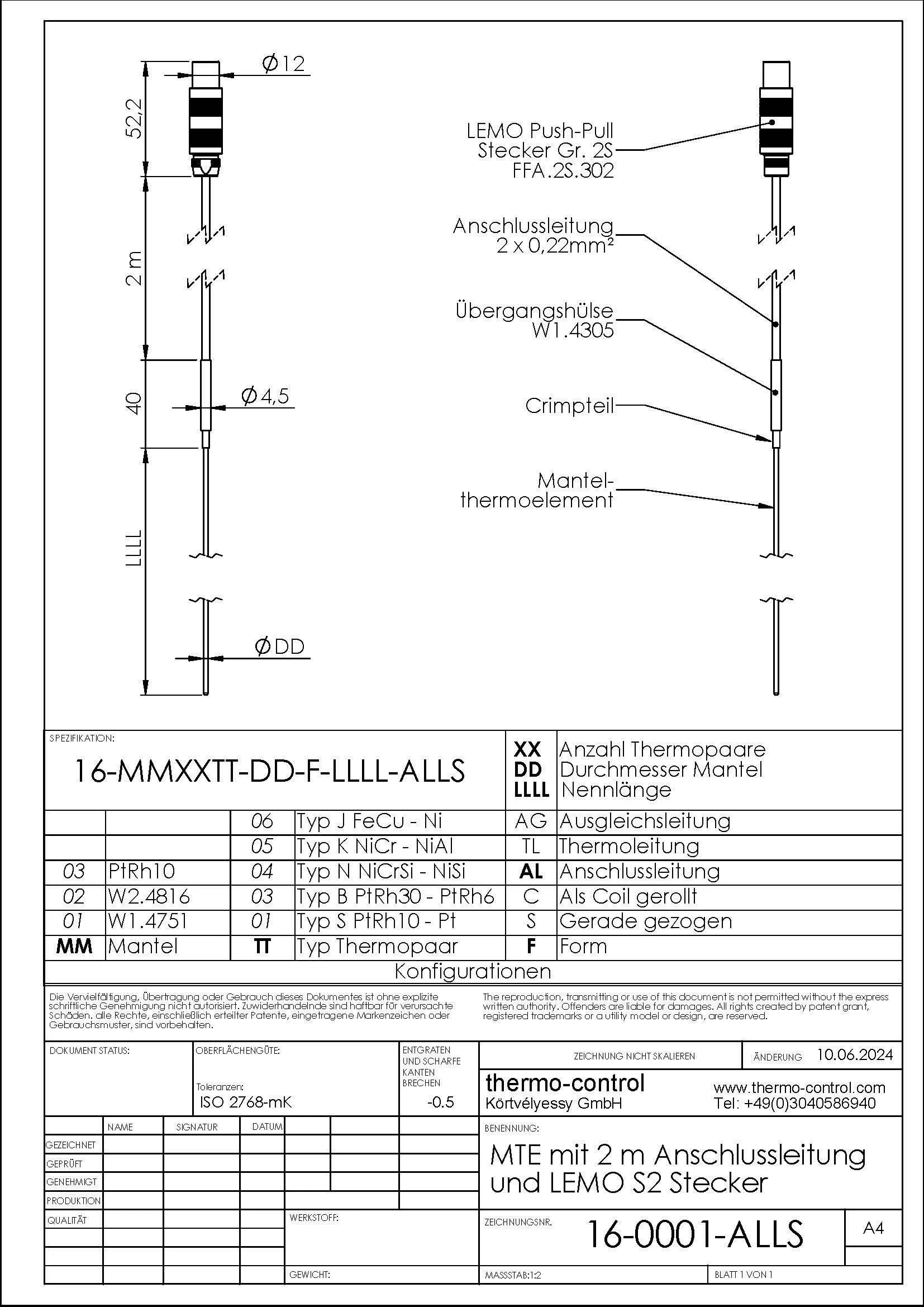 Ausführung mit Anschlussleitung und LEMO 2S Stecker