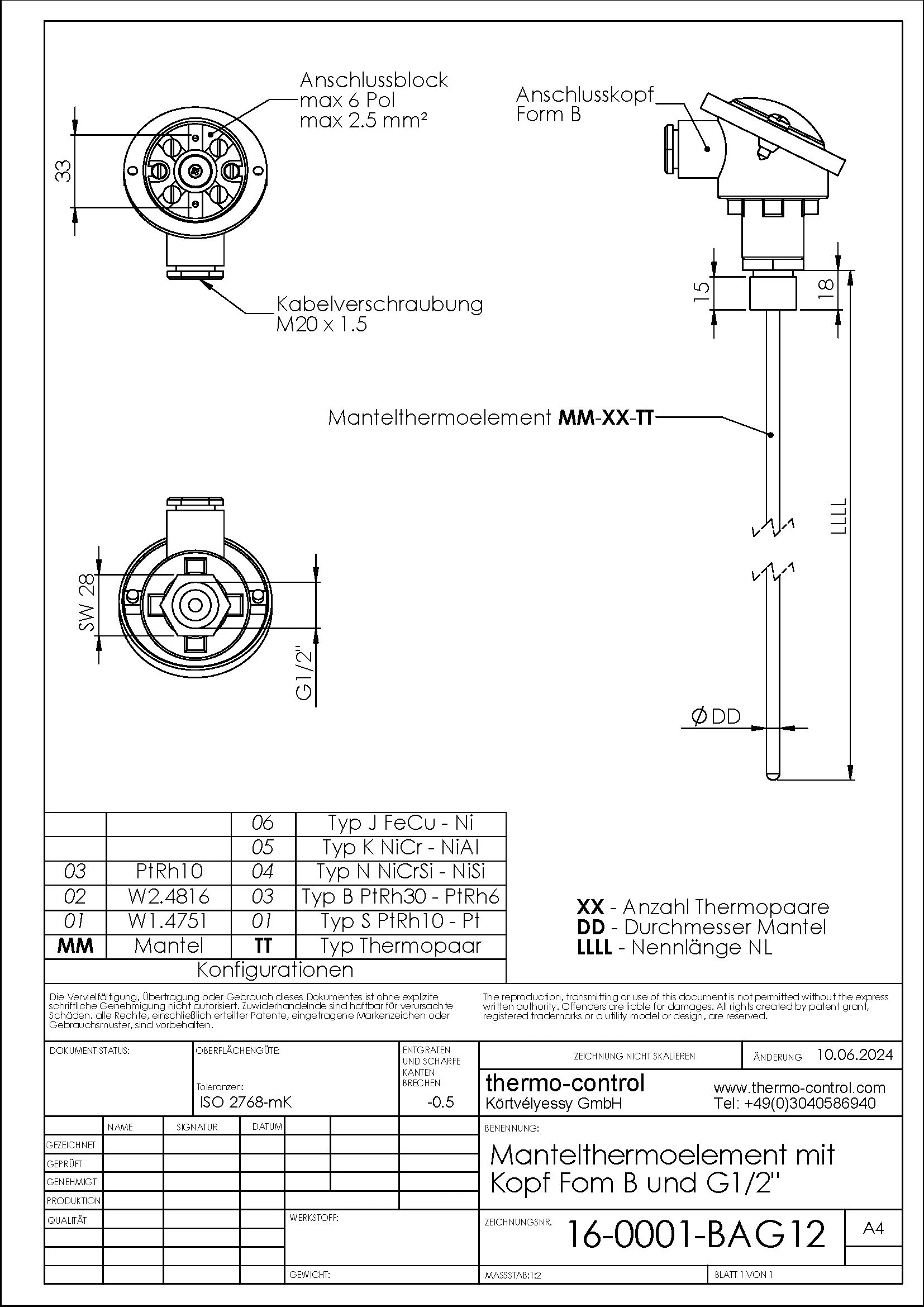 Variant with connection head type B and G1/2" thread