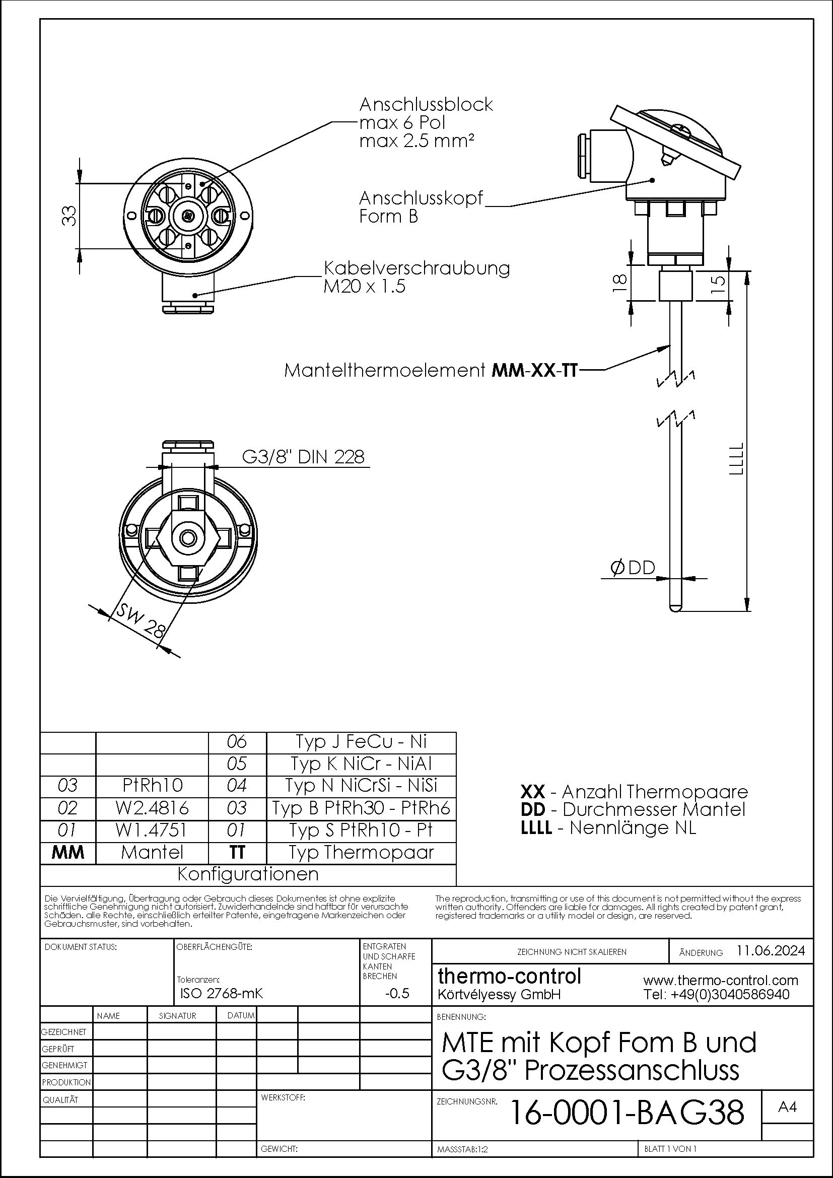 Ausführung Anschlusskopf Form B und G3/8" Gewinde